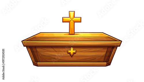 Wooden coffin with cross displayed as funeral symbol in minimal illustration style vector