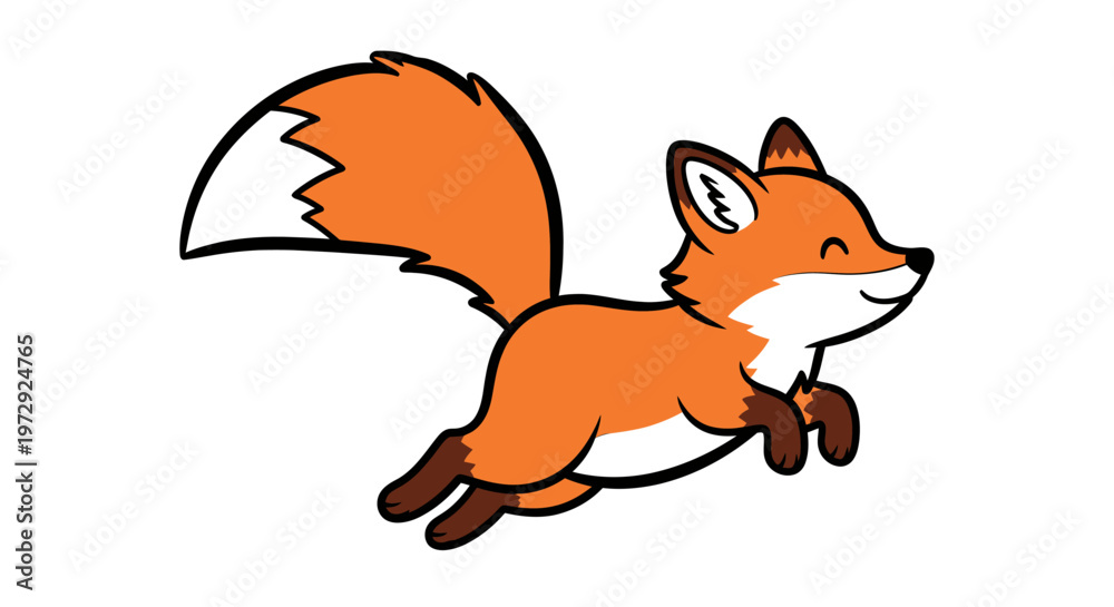 Fototapeta premium A cute cartoon fox is jumping playfully in a field of green grass.
