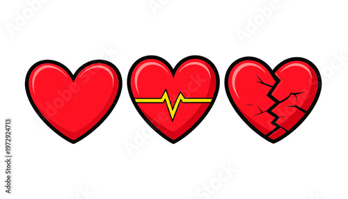 Set of heart icons showing love health and heartbreak emotions in expressive illustration style vector