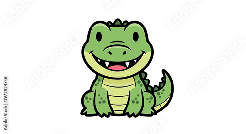 A cute green cartoon alligator smiles widely in a playful scene.