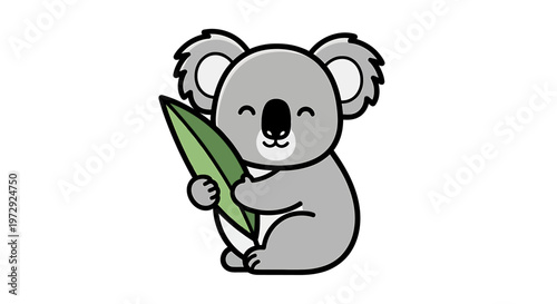 A cute koala holds a leaf happily in a tree.