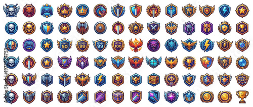 A collection of colorful fantasy shields.