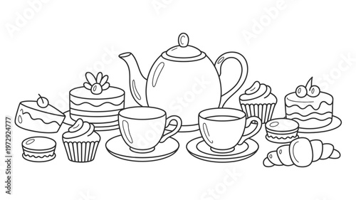 A delightful collection of sweet treats and tea set.