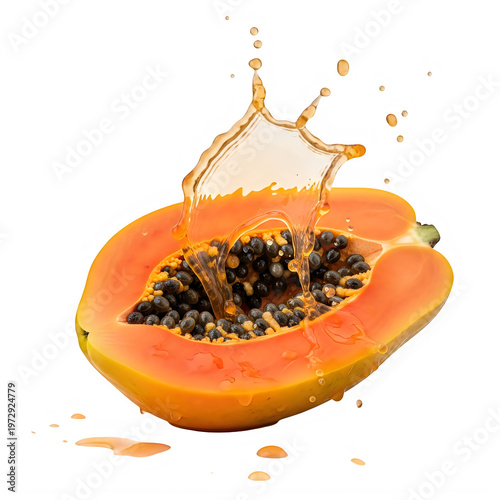 A juicy slice of papaya with splashing juice isolated on white background