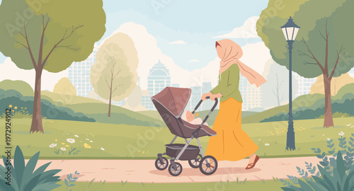 Woman pushing baby stroller in park.