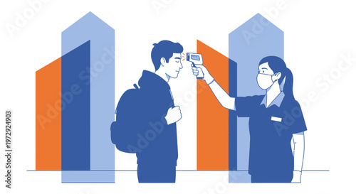 Student temperature check at school entrance with infrared thermometer, health screening