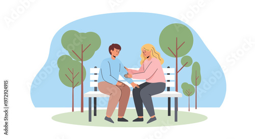 Supportive woman comforts man on park bench, mental health, empathy, care, friendship