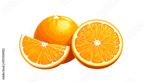 Orange fruit whole and sliced presented as fresh citrus food ingredient in illustration style vector