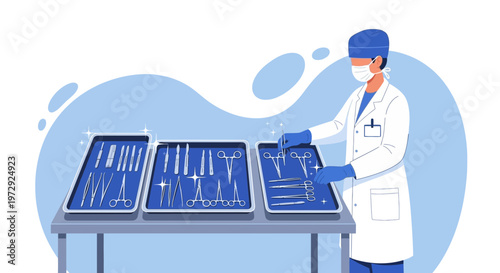 Surgeon Arranging Sterile Medical Surgical Instruments in Trays