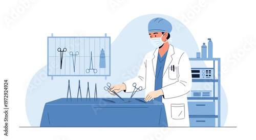 Surgeon in Mask and Gown Preparing Surgical Instruments on Tray in Operating Room