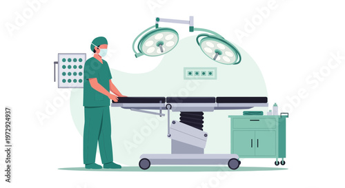 Surgeon in operating room with surgical table and lights