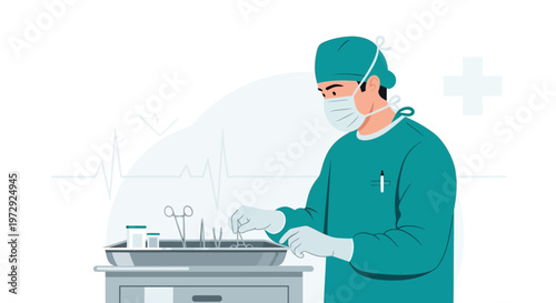 Surgeon in scrubs and mask preparing medical instruments for surgery in a sterile operating room.