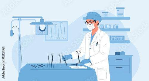 Surgeon in sterile uniform and mask prepares surgical instruments on a table in operating room