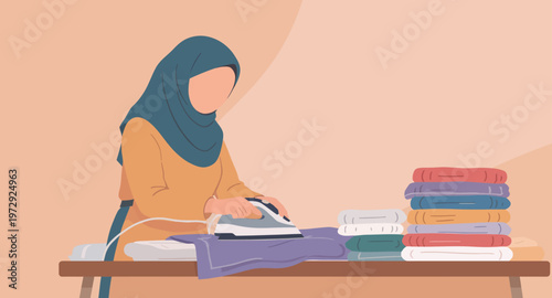 Woman in hijab ironing clothes at home.