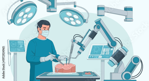 Surgeon operating with robotic arm in modern operating room, advanced medical technology