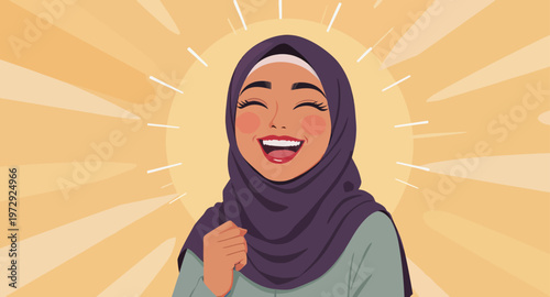 Smiling woman wearing purple hijab headscarf.