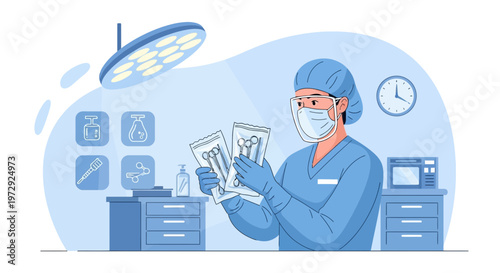 Surgeon in sterile uniform holding medical instruments in operating room