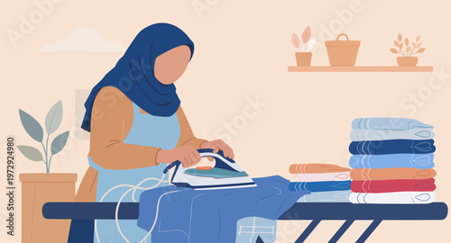 Woman ironing clothes at home.