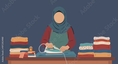 Woman in hijab ironing clothes at home.