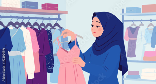 Woman in hijab shopping for clothes.