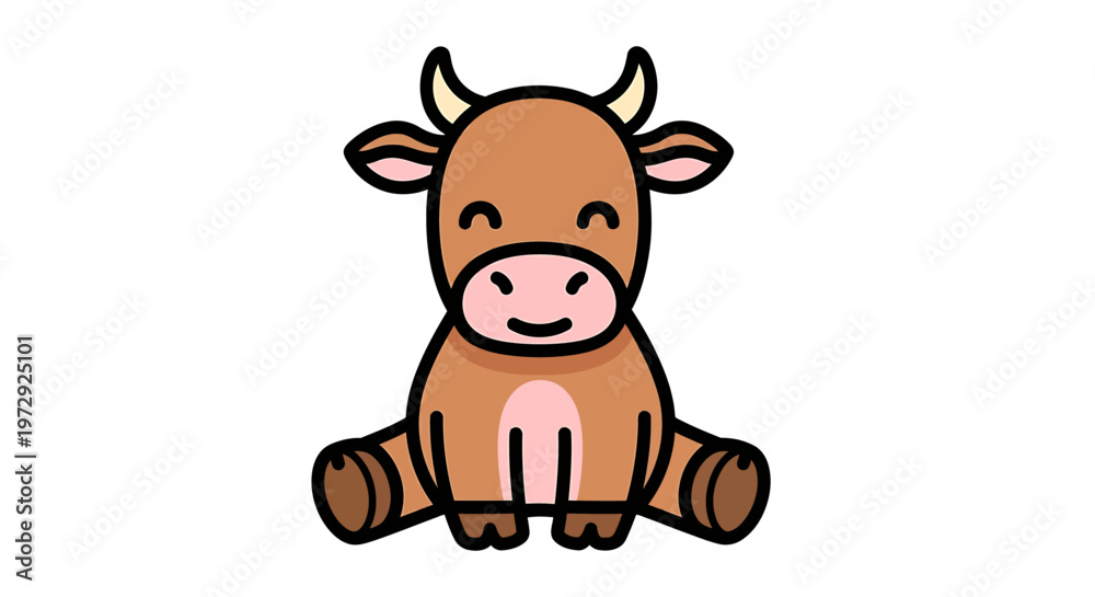 Fototapeta premium A cute brown cow sits on the ground with a happy expression on its face.