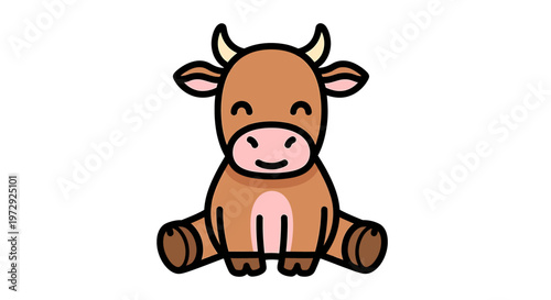 A cute brown cow sits on the ground with a happy expression on its face.