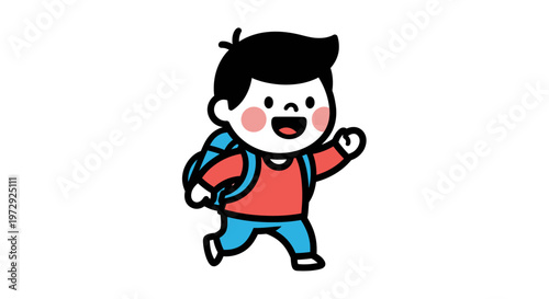 A cute cartoon boy runs happily outdoors with a backpack on.