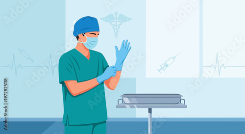 Surgeon Wearing Gloves Preparing for Surgery in Operating Room