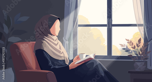 Woman reading a book by the window.