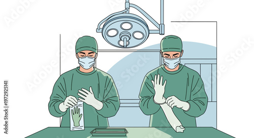 Surgeons in sterile gowns and masks putting on gloves in operating room