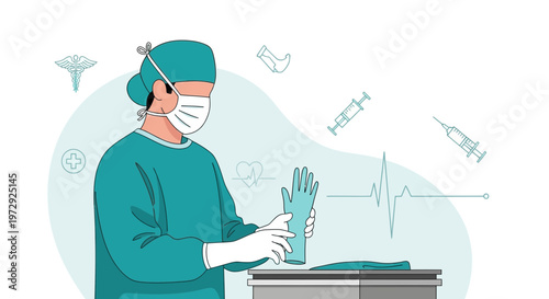 Surgeon wearing mask and gloves, preparing for surgery, medical icons and heartbeat line