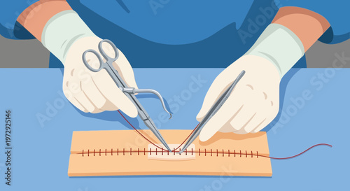 Surgeon's Hands Performing Suture Technique on Medical Model, Close-up