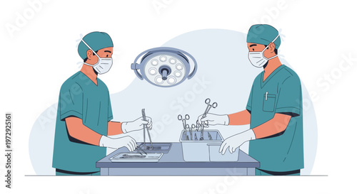 Surgeons in surgical masks and scrubs preparing for operation under surgical light