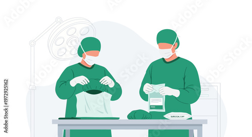 Surgeons in sterile gowns preparing for operation in operating room with surgical equipment