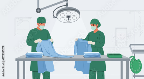 Surgeons Preparing Surgical Gowns in Operating Room