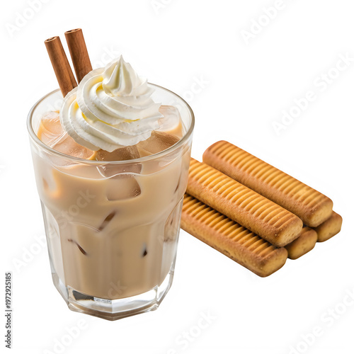 A glass of iced coffee with whipped cream and ladyfingers isolated on white background