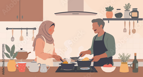 Couple cooking together in kitchen.