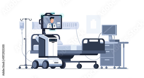 Telemedicine Robot in Hospital Room with Doctor on Screen, Advanced Healthcare Technology