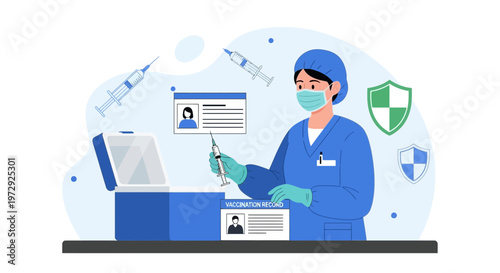 Vaccination nurse prepares syringe from cooler, vaccination card, shield icons