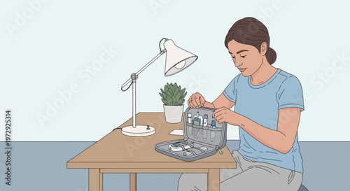 Woman assembling a complex model kit at a desk with a lamp and plant