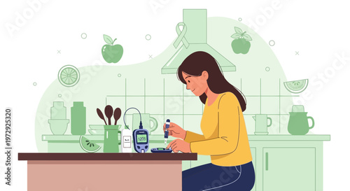 Woman checking blood sugar level with glucose meter at home kitchen, diabetes control