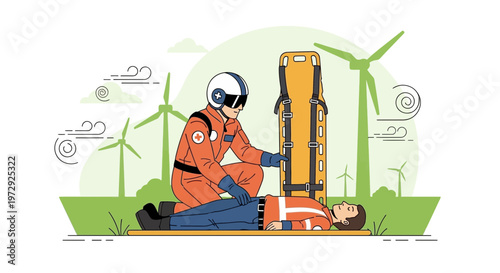 Wind turbine technician rescue, emergency medical assistance at renewable energy site