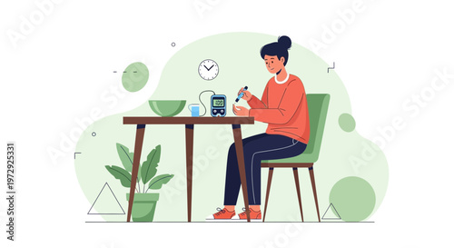 Woman checking blood sugar level with glucose meter at home, diabetes care concept