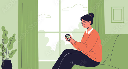 Woman checking blood glucose meter at home, diabetes management, healthy lifestyle