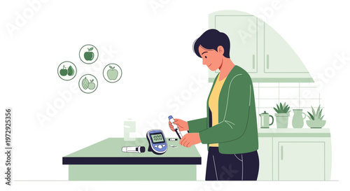 Woman checking blood sugar with glucose meter, healthy eating symbols, diabetes care