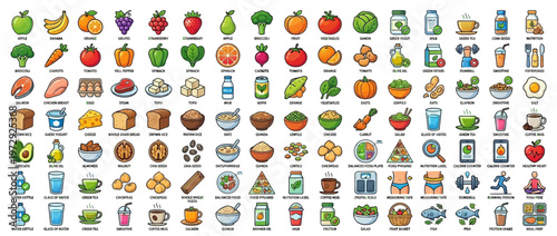 A variety of colorful food and drink icons.