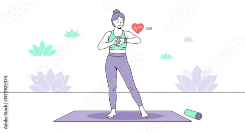 Woman checking heart rate on smartwatch during yoga, healthy lifestyle, fitness tracker