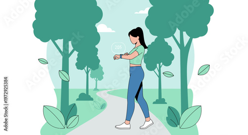 Woman checking smartwatch while walking on park path surrounded by trees and leaves