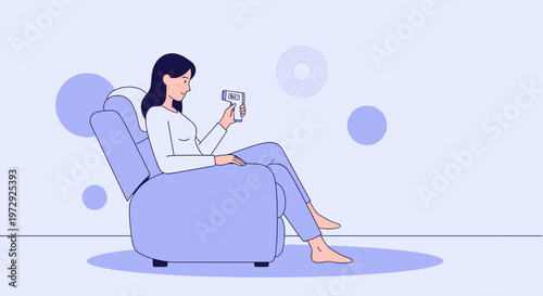 Woman checking temperature with infrared thermometer while relaxing in armchair at home