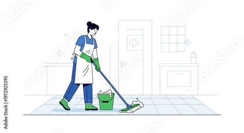 Woman cleaning hospital floor with mop and bucket, healthcare hygiene concept